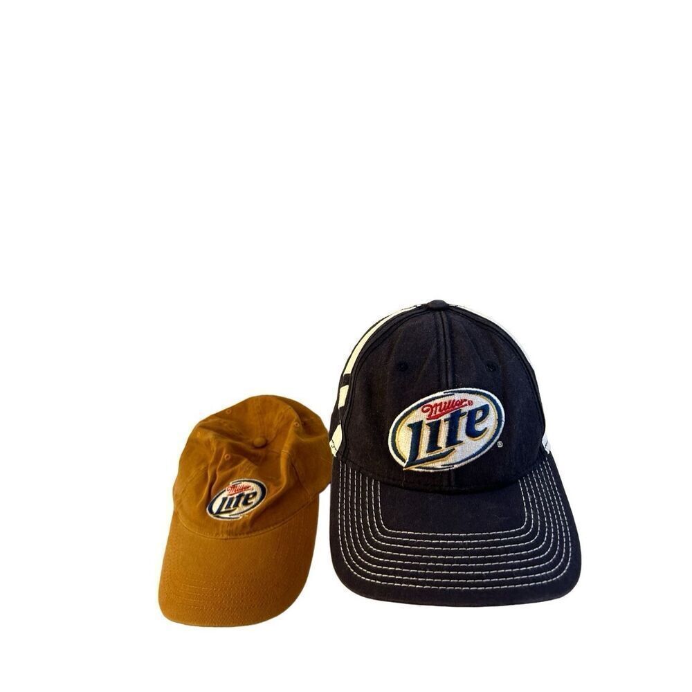 2 Miller High Lite beer baseball nascar cap hat Blue White Brown‎